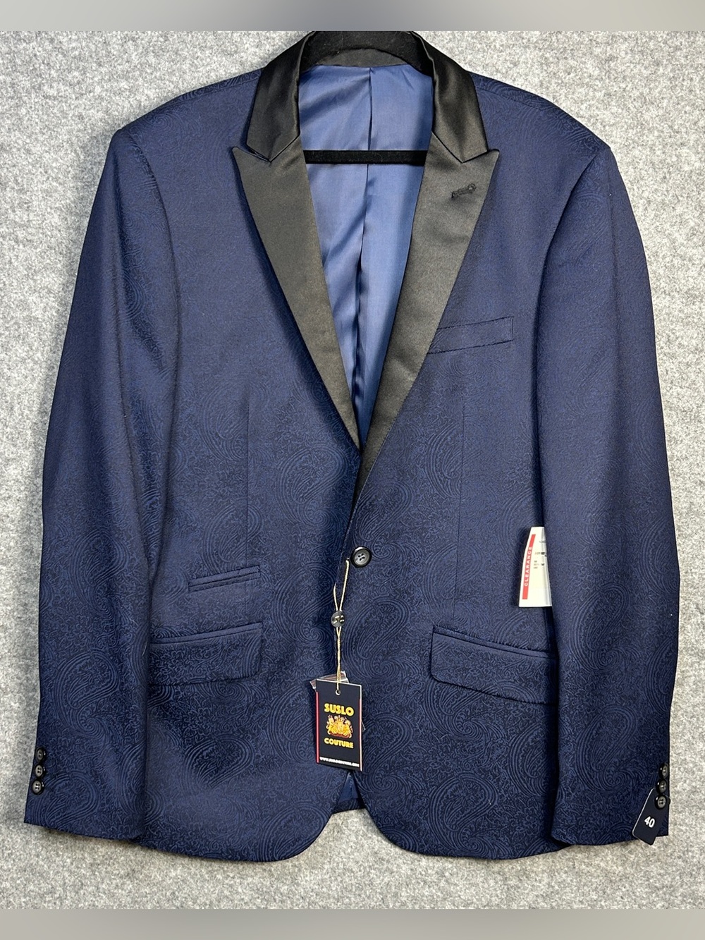 Suslo Couture 40 Slim Navy Black Paisley Tuxedo Blazer Dinner Jacket Satin Lapel